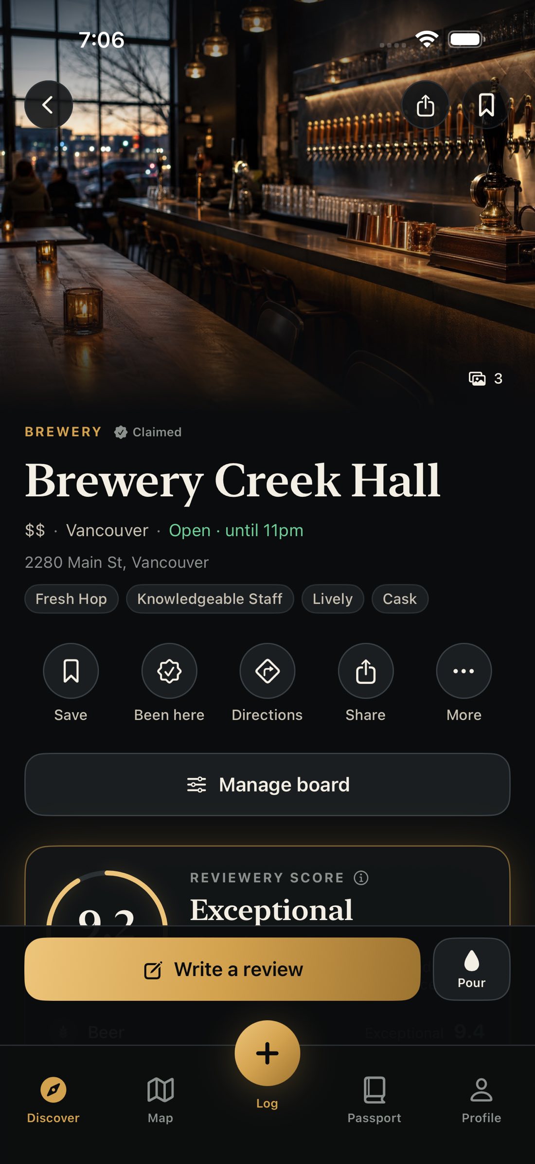 The Reviewery app showing a claimed brewery's page