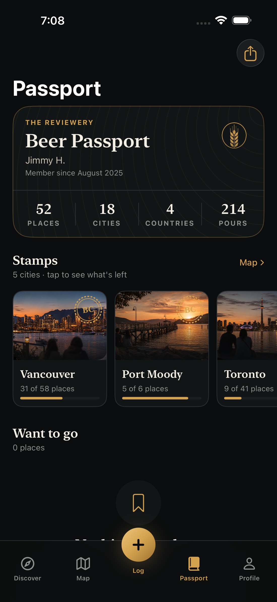 The Reviewery app showing a member's Beer Passport